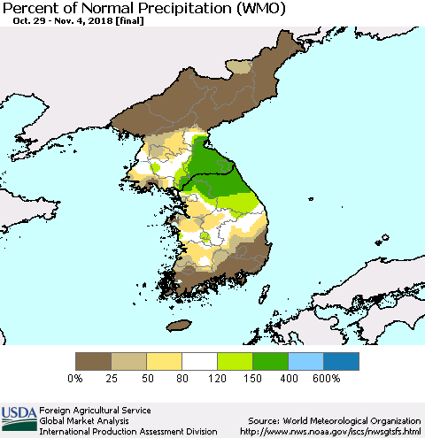 Korea Percent of Normal Precipitation (WMO) Thematic Map For 10/29/2018 - 11/4/2018