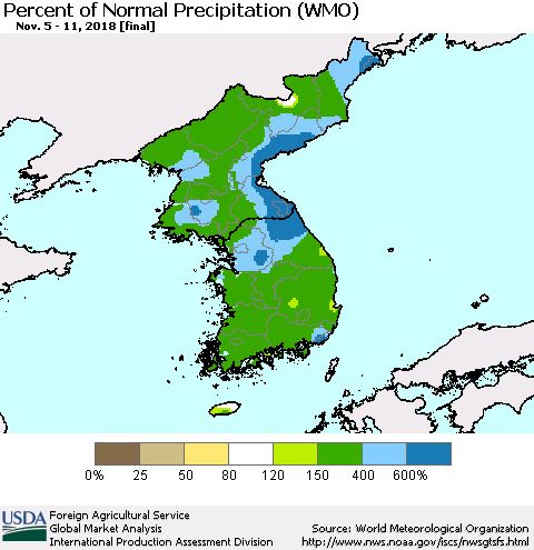 Korea Percent of Normal Precipitation (WMO) Thematic Map For 11/5/2018 - 11/11/2018