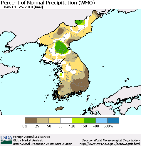 Korea Percent of Normal Precipitation (WMO) Thematic Map For 11/19/2018 - 11/25/2018
