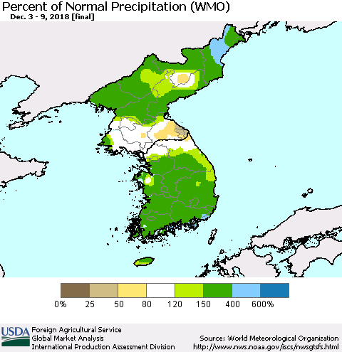 Korea Percent of Normal Precipitation (WMO) Thematic Map For 12/3/2018 - 12/9/2018