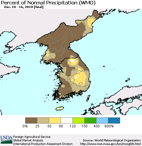 Korea Percent of Normal Precipitation (WMO) Thematic Map For 12/10/2018 - 12/16/2018