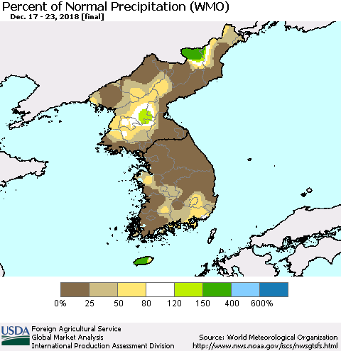 Korea Percent of Normal Precipitation (WMO) Thematic Map For 12/17/2018 - 12/23/2018