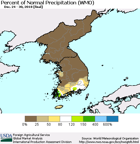 Korea Percent of Normal Precipitation (WMO) Thematic Map For 12/24/2018 - 12/30/2018