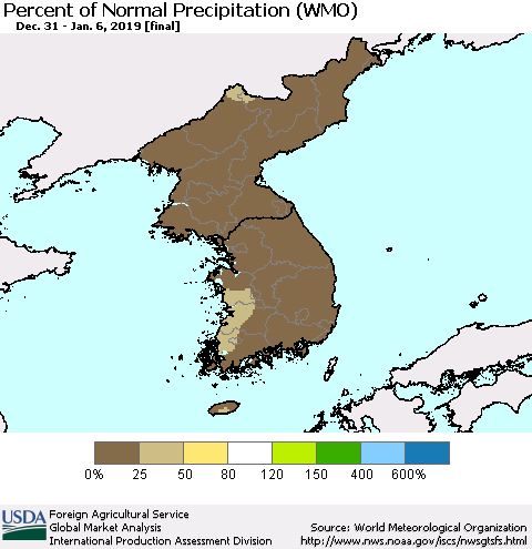 Korea Percent of Normal Precipitation (WMO) Thematic Map For 12/31/2018 - 1/6/2019