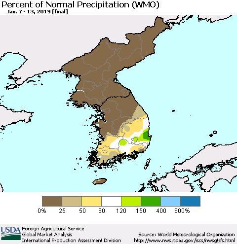 Korea Percent of Normal Precipitation (WMO) Thematic Map For 1/7/2019 - 1/13/2019