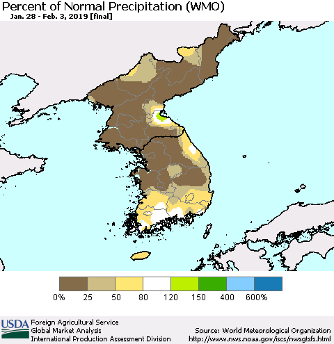 Korea Percent of Normal Precipitation (WMO) Thematic Map For 1/28/2019 - 2/3/2019