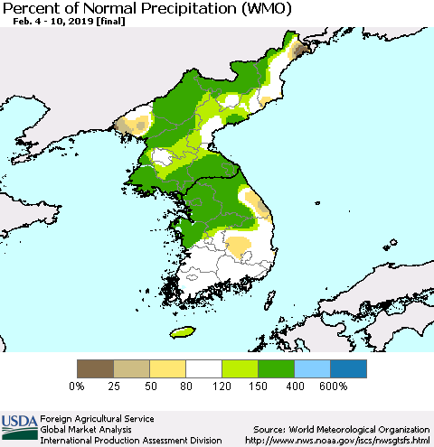 Korea Percent of Normal Precipitation (WMO) Thematic Map For 2/4/2019 - 2/10/2019