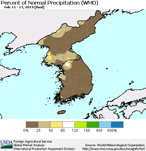 Korea Percent of Normal Precipitation (WMO) Thematic Map For 2/11/2019 - 2/17/2019