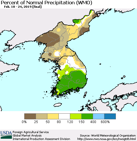 Korea Percent of Normal Precipitation (WMO) Thematic Map For 2/18/2019 - 2/24/2019
