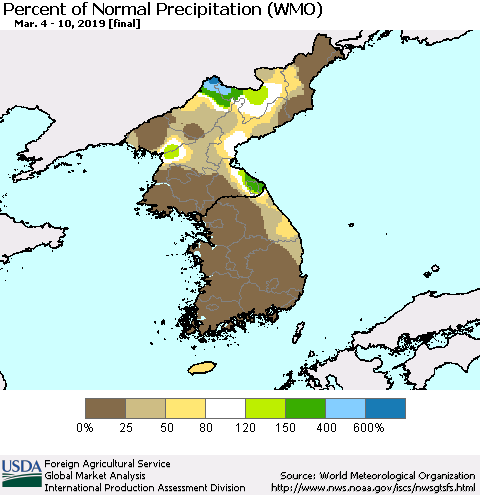 Korea Percent of Normal Precipitation (WMO) Thematic Map For 3/4/2019 - 3/10/2019