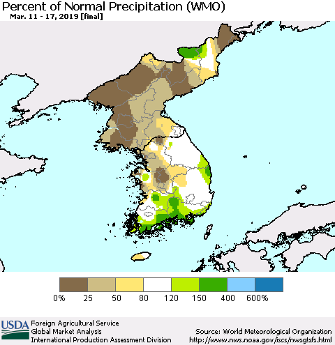 Korea Percent of Normal Precipitation (WMO) Thematic Map For 3/11/2019 - 3/17/2019