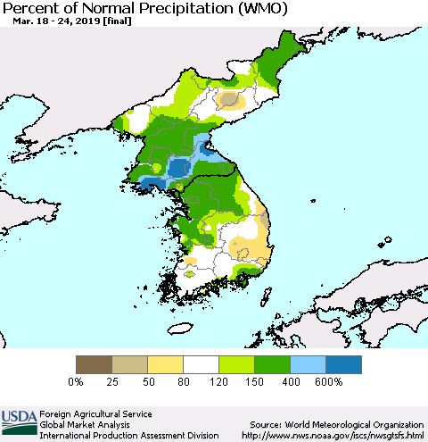 Korea Percent of Normal Precipitation (WMO) Thematic Map For 3/18/2019 - 3/24/2019