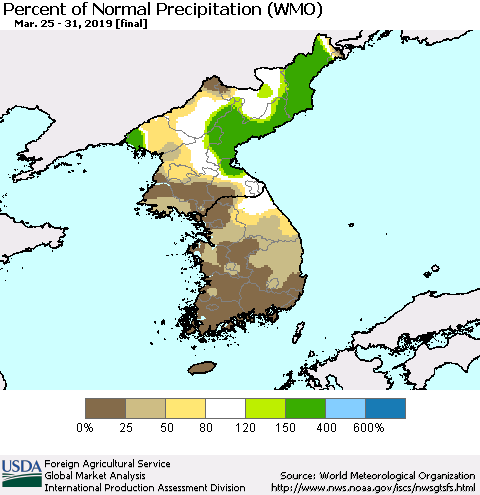 Korea Percent of Normal Precipitation (WMO) Thematic Map For 3/25/2019 - 3/31/2019