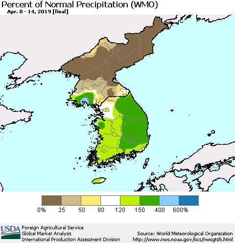 Korea Percent of Normal Precipitation (WMO) Thematic Map For 4/8/2019 - 4/14/2019