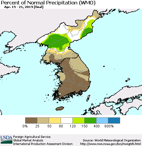 Korea Percent of Normal Precipitation (WMO) Thematic Map For 4/15/2019 - 4/21/2019