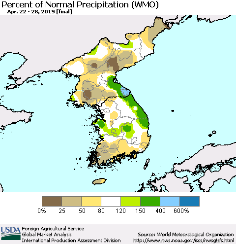 Korea Percent of Normal Precipitation (WMO) Thematic Map For 4/22/2019 - 4/28/2019