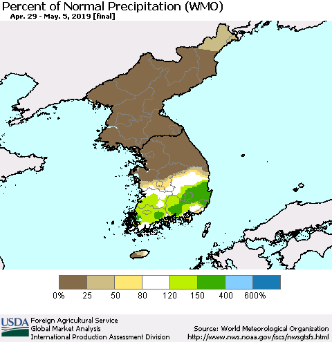 Korea Percent of Normal Precipitation (WMO) Thematic Map For 4/29/2019 - 5/5/2019