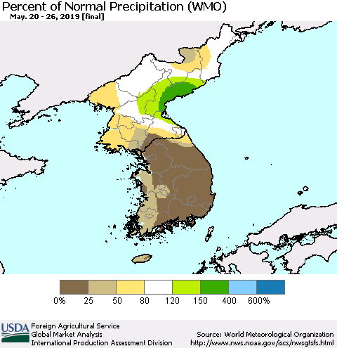 Korea Percent of Normal Precipitation (WMO) Thematic Map For 5/20/2019 - 5/26/2019