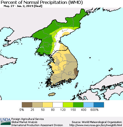 Korea Percent of Normal Precipitation (WMO) Thematic Map For 5/27/2019 - 6/2/2019