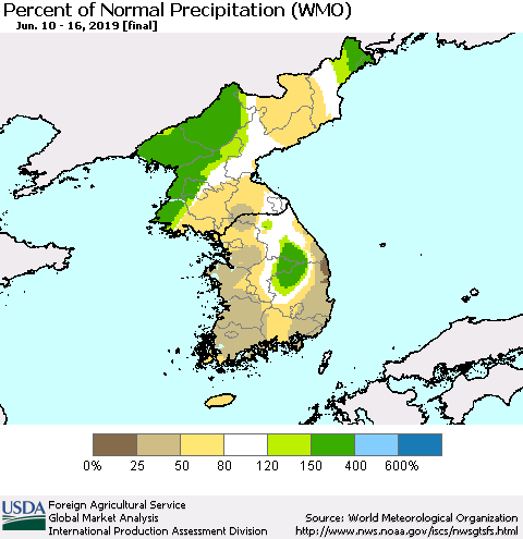 Korea Percent of Normal Precipitation (WMO) Thematic Map For 6/10/2019 - 6/16/2019