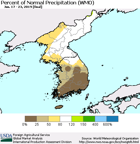 Korea Percent of Normal Precipitation (WMO) Thematic Map For 6/17/2019 - 6/23/2019