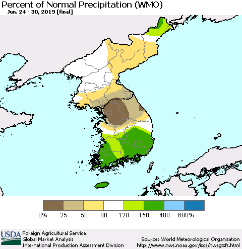 Korea Percent of Normal Precipitation (WMO) Thematic Map For 6/24/2019 - 6/30/2019