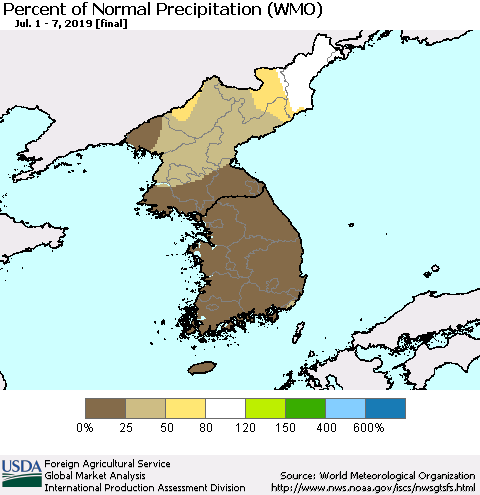 Korea Percent of Normal Precipitation (WMO) Thematic Map For 7/1/2019 - 7/7/2019