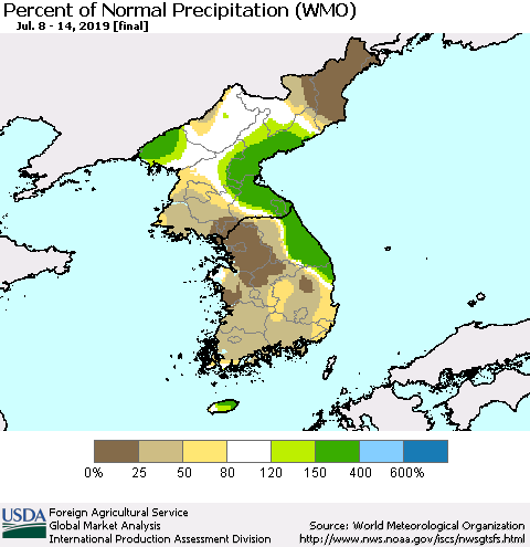 Korea Percent of Normal Precipitation (WMO) Thematic Map For 7/8/2019 - 7/14/2019