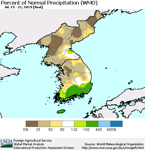 Korea Percent of Normal Precipitation (WMO) Thematic Map For 7/15/2019 - 7/21/2019