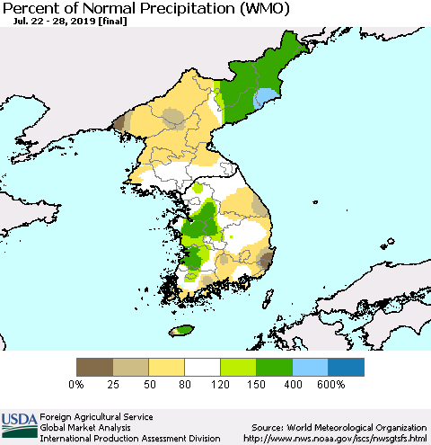 Korea Percent of Normal Precipitation (WMO) Thematic Map For 7/22/2019 - 7/28/2019