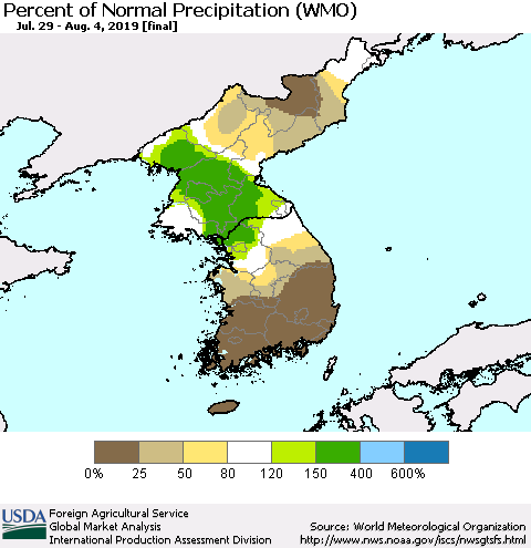 Korea Percent of Normal Precipitation (WMO) Thematic Map For 7/29/2019 - 8/4/2019