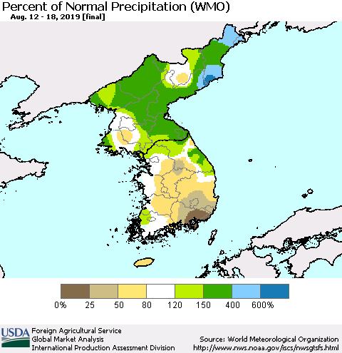 Korea Percent of Normal Precipitation (WMO) Thematic Map For 8/12/2019 - 8/18/2019