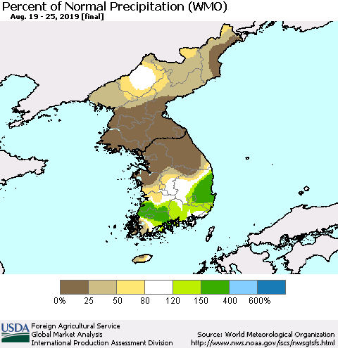 Korea Percent of Normal Precipitation (WMO) Thematic Map For 8/19/2019 - 8/25/2019