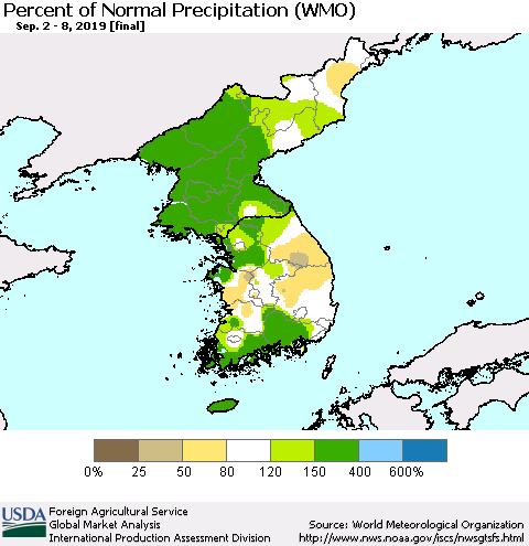 Korea Percent of Normal Precipitation (WMO) Thematic Map For 9/2/2019 - 9/8/2019