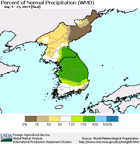 Korea Percent of Normal Precipitation (WMO) Thematic Map For 9/9/2019 - 9/15/2019