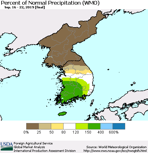Korea Percent of Normal Precipitation (WMO) Thematic Map For 9/16/2019 - 9/22/2019