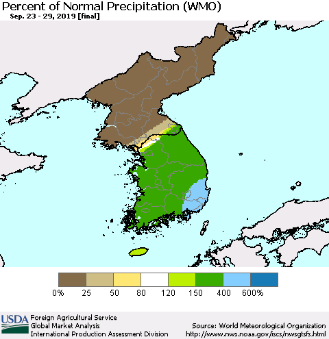 Korea Percent of Normal Precipitation (WMO) Thematic Map For 9/23/2019 - 9/29/2019