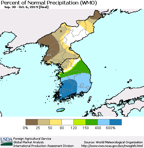 Korea Percent of Normal Precipitation (WMO) Thematic Map For 9/30/2019 - 10/6/2019