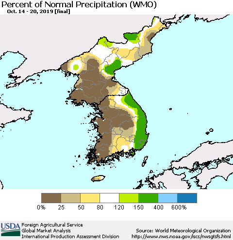 Korea Percent of Normal Precipitation (WMO) Thematic Map For 10/14/2019 - 10/20/2019