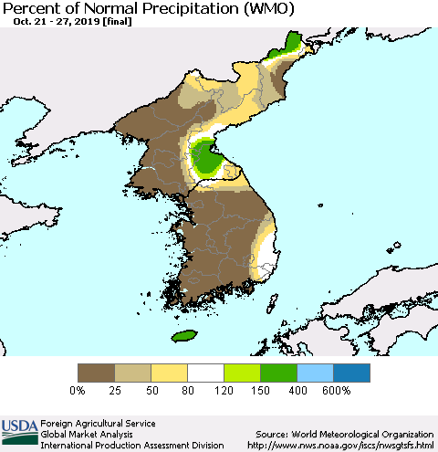 Korea Percent of Normal Precipitation (WMO) Thematic Map For 10/21/2019 - 10/27/2019
