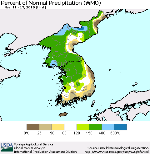 Korea Percent of Normal Precipitation (WMO) Thematic Map For 11/11/2019 - 11/17/2019