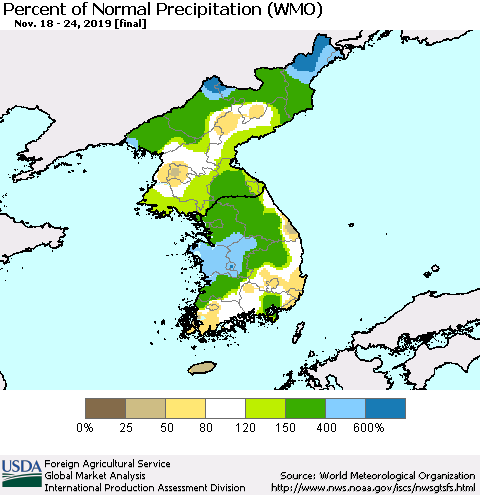 Korea Percent of Normal Precipitation (WMO) Thematic Map For 11/18/2019 - 11/24/2019