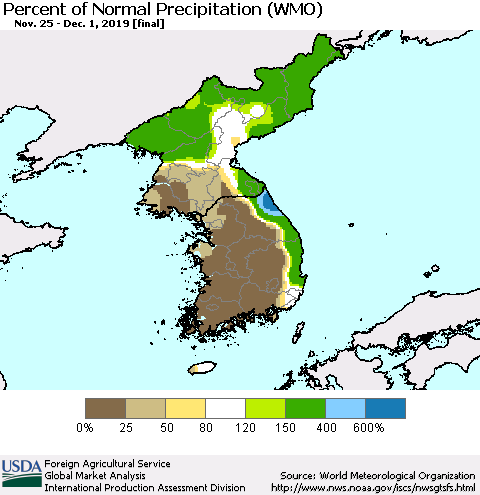 Korea Percent of Normal Precipitation (WMO) Thematic Map For 11/25/2019 - 12/1/2019