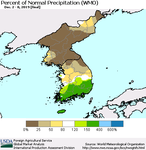 Korea Percent of Normal Precipitation (WMO) Thematic Map For 12/2/2019 - 12/8/2019