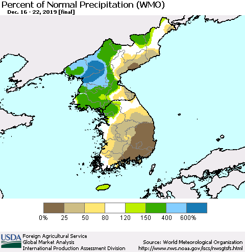 Korea Percent of Normal Precipitation (WMO) Thematic Map For 12/16/2019 - 12/22/2019