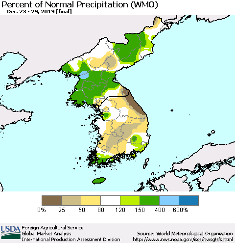 Korea Percent of Normal Precipitation (WMO) Thematic Map For 12/23/2019 - 12/29/2019