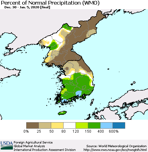 Korea Percent of Normal Precipitation (WMO) Thematic Map For 12/30/2019 - 1/5/2020