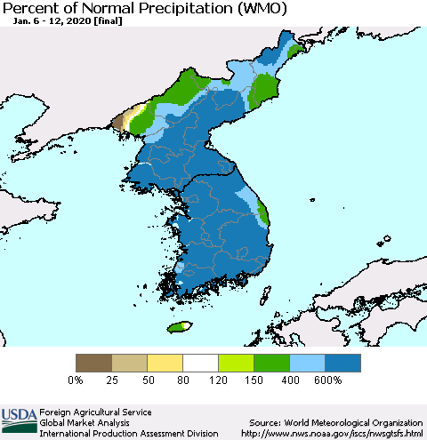 Korea Percent of Normal Precipitation (WMO) Thematic Map For 1/6/2020 - 1/12/2020