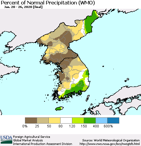 Korea Percent of Normal Precipitation (WMO) Thematic Map For 1/20/2020 - 1/26/2020