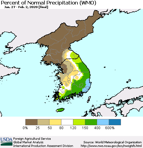 Korea Percent of Normal Precipitation (WMO) Thematic Map For 1/27/2020 - 2/2/2020
